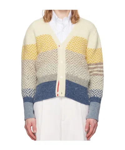 Thom Browne Multicolor Striped Herringbone Jacquard Classic V Neck Cardigan In Multi