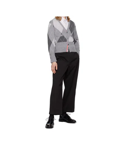 Thom Browne Gray Argyle Intarsia Cashmere V Neck Cardigan In Gray