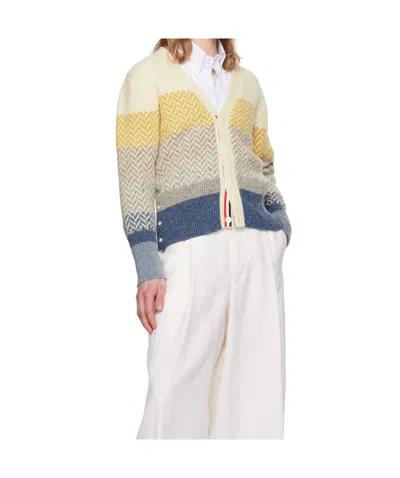 Thom Browne Multicolor Striped Herringbone Jacquard Classic V Neck Cardigan In Multi