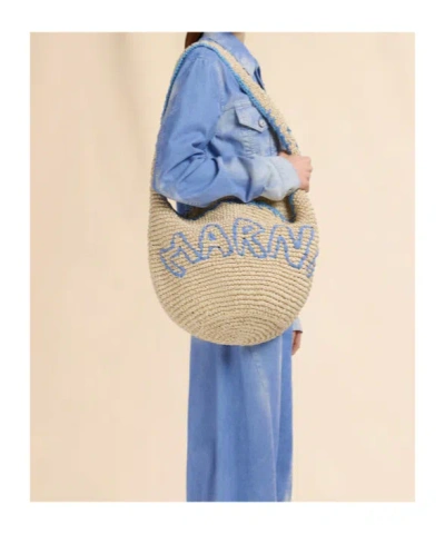 Marni Natural Raffia And Blue Nassa Small Hobo Bag