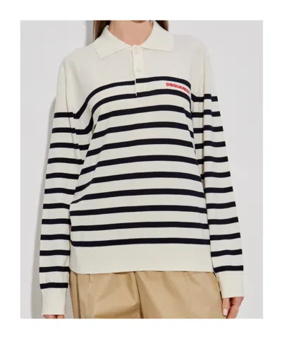 Dsquared2 Lapel Long Sleeve Polo Shirt In White