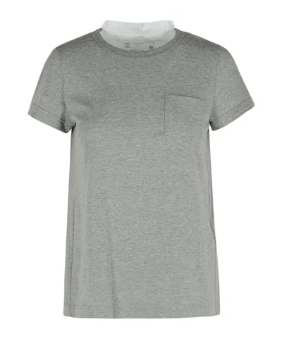 Sacai Cotton T-shirt With Pleated Back And Chest Pocket In Gray