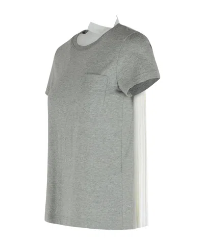Sacai Cotton T-shirt With Pleated Back And Chest Pocket In Gray