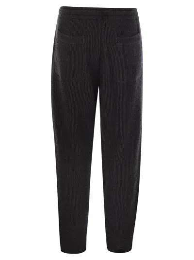 Brunello Cucinelli Men Cashmere Rib Knit Joggers With Drawstring In Black