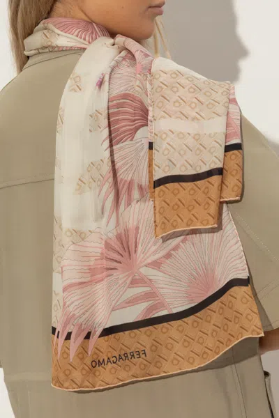 Ferragamo Pink Silk Scarf With Print In Pink