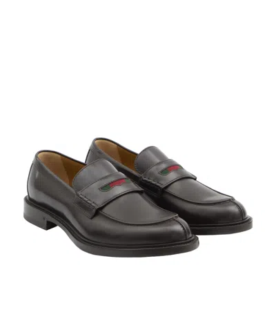 Gucci Web-stripe Leather Loafers In Black