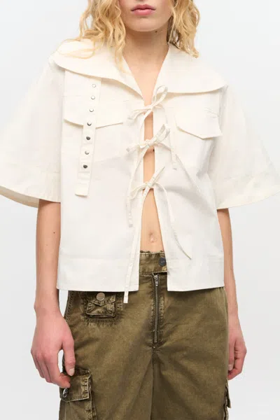 Ganni Stretch Cotton Cowl-neck Blouse In Egret