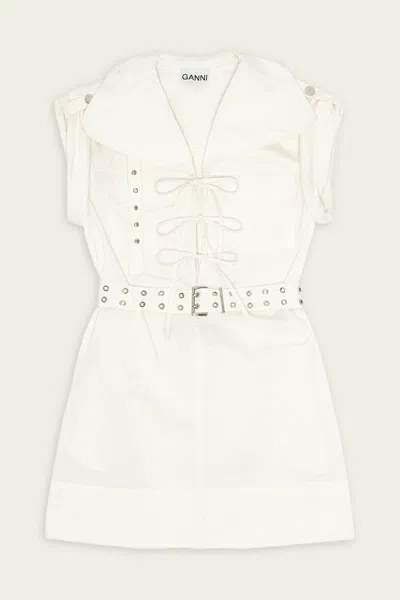 Ganni Stretch Cotton Mini Dress In Egret