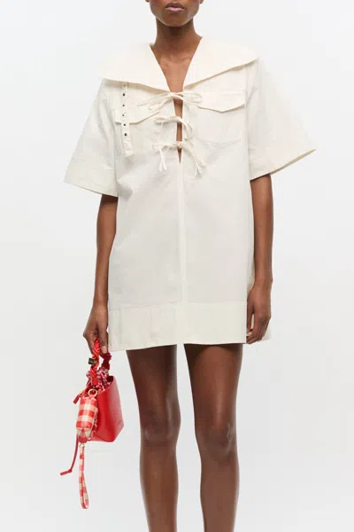 Ganni Stretch Cotton Mini Dress In Egret