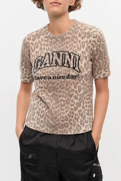 Ganni Leopard Print Short Sleeve Sweater