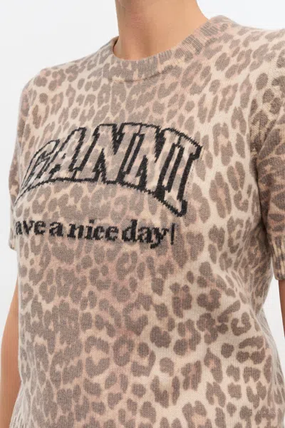 Ganni Leopard Print Short Sleeve Sweater