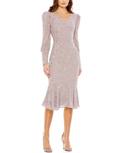 Mac Duggal Sequined V Neck Illusion Long Sleeve Trumpet Dress In Pink