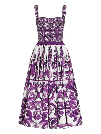 Dolce & Gabbana Women Cotton Midi Dress With Maiolica Print