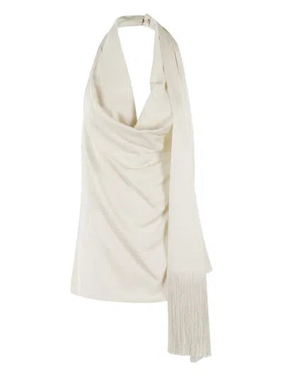 Isabelle Blanche Draped Fringe-detail Top In Gray