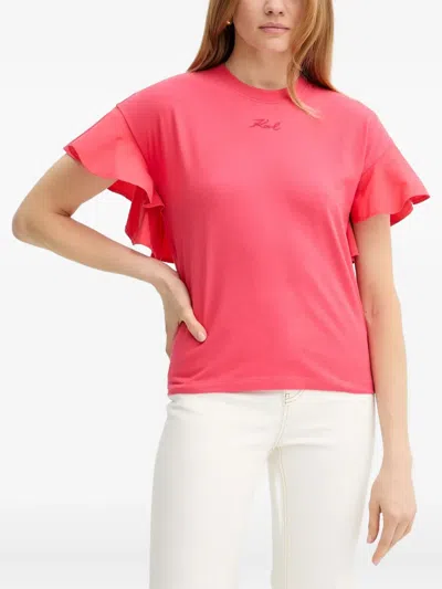 Karl Lagerfeld Ruffle-detail Logo-embroidered Top In Red
