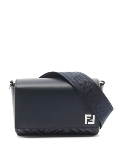 Pre-owned Fendi 2020s Ff Squared Compact Leather Shoulder Bag In Black