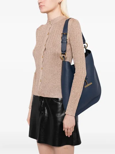 Tom Ford Tara Large Hobo Crossbody In Grained Leather In Blue