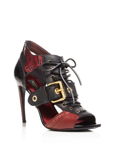 Burberry Buckle Detail Leather And Snakeskin Cut-out Ankle Boots In Bordeaux