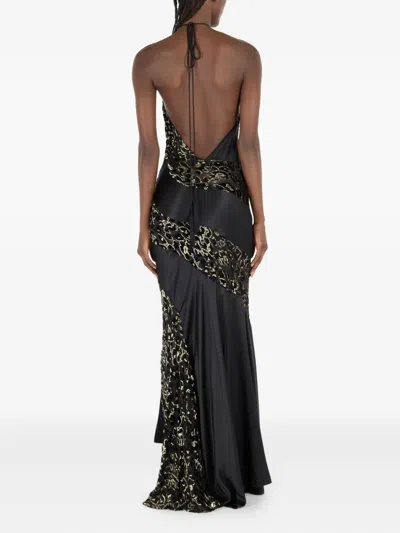 Roberto Cavalli See-through Long Dress With Animal Print In Black