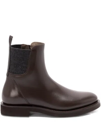 Brunello Cucinelli Matt Leather Chlesea Boots With Shiny Detail Shoes In Brown