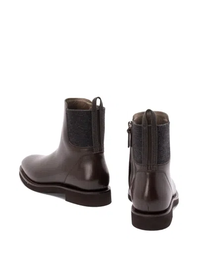 Brunello Cucinelli Matt Leather Chlesea Boots With Shiny Detail Shoes In Brown