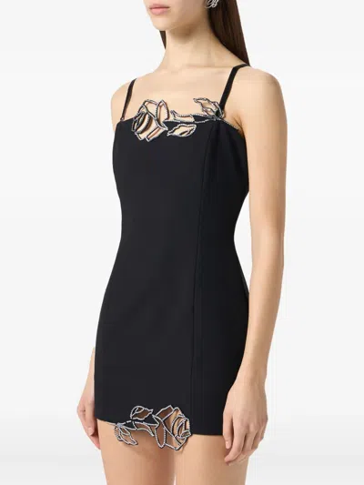 Blumarine Rose-embroidered Mini Dress In Black