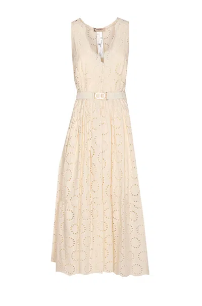 Twinset White Long Dress With V-neck And Waist Belt With Metallic Logo Plaque In Cotton Woman In Neutral