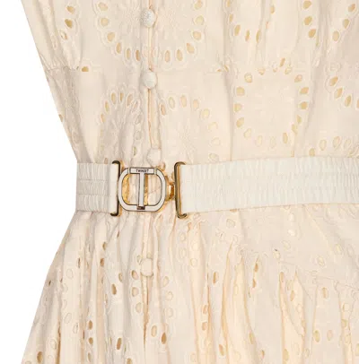 Twinset White Long Dress With V-neck And Waist Belt With Metallic Logo Plaque In Cotton Woman In Neutral