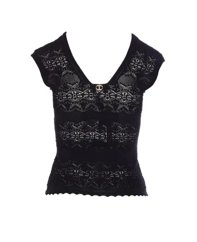 Twinset Twin-set Fitted Black Top With Lace Detailing