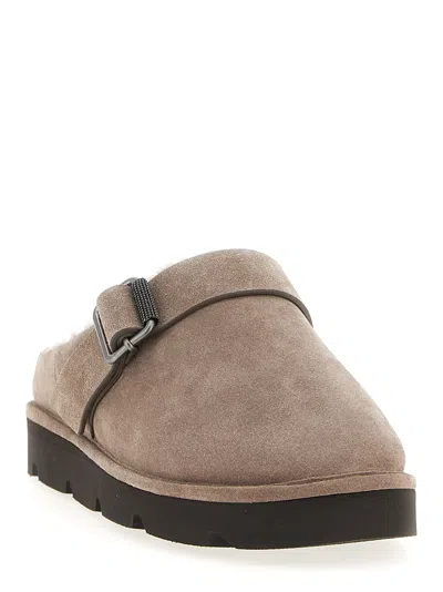 Brunello Cucinelli Round Toe Flat Sole Sandals With Faux Fur Lining And Buckle Detail In Brown