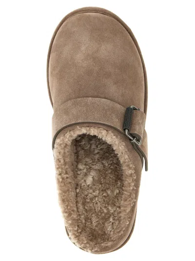 Brunello Cucinelli Round Toe Flat Sole Sandals With Faux Fur Lining And Buckle Detail In Brown