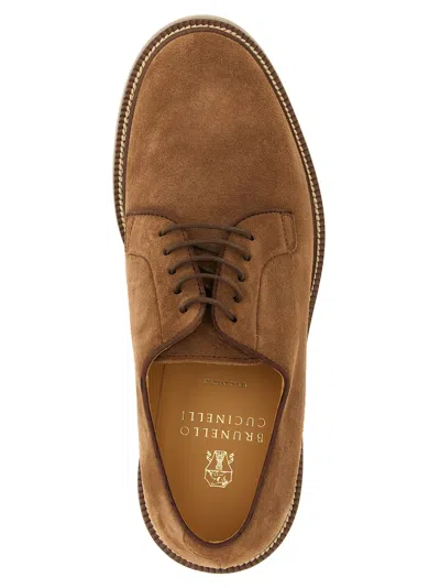 Brunello Cucinelli Suede Derby Shoes With Lace Closure In Brown