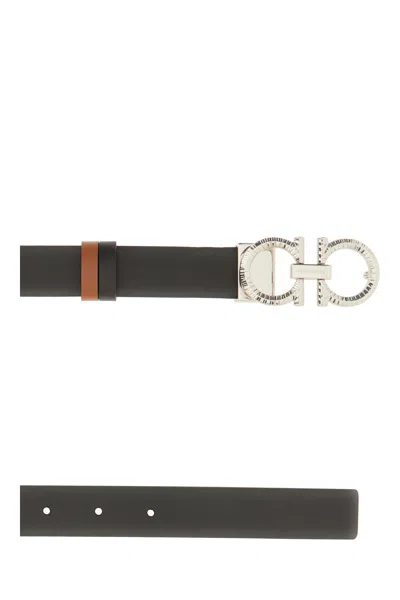 Ferragamo Leather Belt Reversible Adjustable Length Metallic Buckle In Black