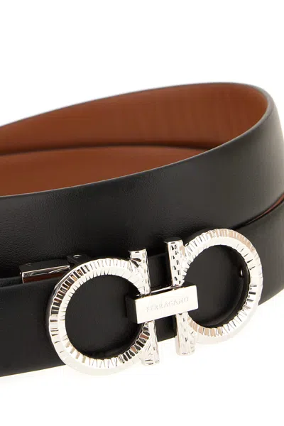Ferragamo Leather Belt Reversible Adjustable Length Metallic Buckle In Black