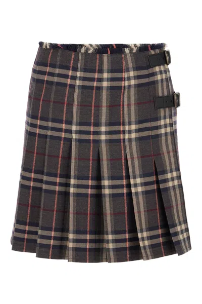Burberry Wool Skirt With Embroidered Buckle And Pleats