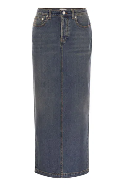 Fabiana Filippi Long Denim Skirt With Back Slit In Blue