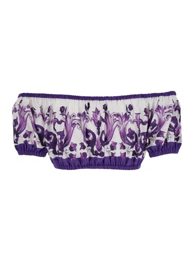 Dolce & Gabbana Violet Off-shoulder Cropped Top With All-over Floral Print In Cotton Woman