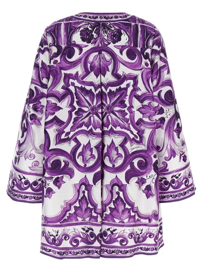 Dolce & Gabbana Majolica Silk Twill Long-sleeve Mini Shift Dress