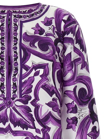 Dolce & Gabbana Majolica Silk Twill Long-sleeve Mini Shift Dress