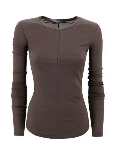 Weekend Max Mara Crew Neck Cotton T-shirt With Seam Detailing In Brown