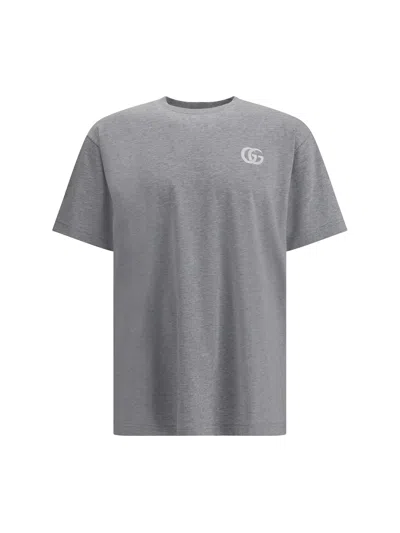 Gucci Grey Crewneck T-shirt With Double G Embroidery On The Front In Fabric Man In Gray