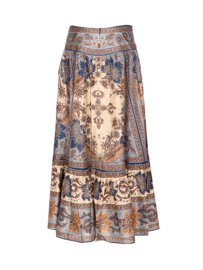 Zimmermann Womens Blue Cream Indienne Ascension Tiered Silk Midi Skirt Xs