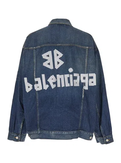 Balenciaga Blue Jacket With Classic Collar And Maxi Logo Print On The Rear In Denim Man