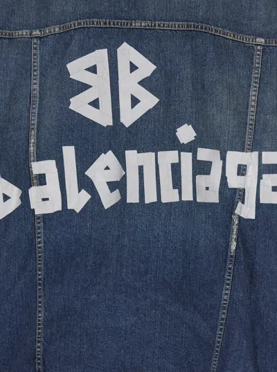 Balenciaga Blue Jacket With Classic Collar And Maxi Logo Print On The Rear In Denim Man