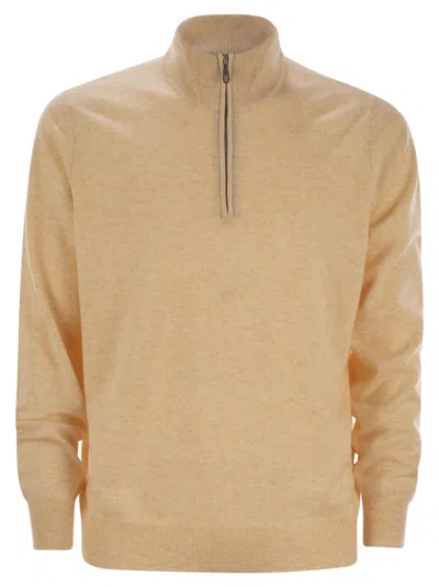 Brunello Cucinelli High-necked Cashmere Sweater With Zip Opening In Neutral