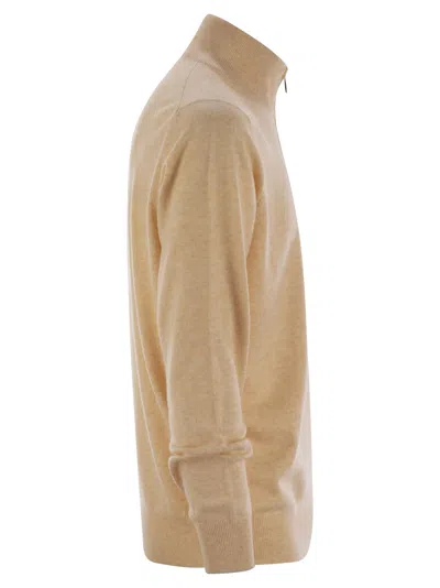 Brunello Cucinelli High-necked Cashmere Sweater With Zip Opening In Neutral