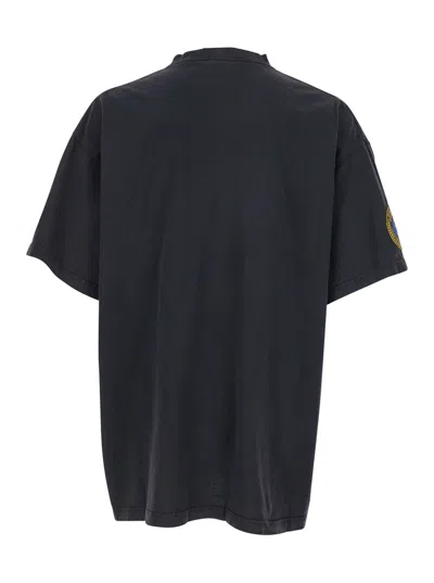 Balenciaga Black Crewneck T-shirt With Logo Lettering On The Front And Logo Patch On The Sleeve In Cotton Man