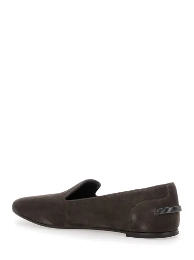Brunello Cucinelli Grey Loafers With Monil Detail On The Rear