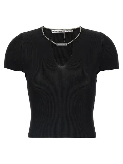 Alexander Wang Ribbed Texture V Neck Chain Detail Top In Black