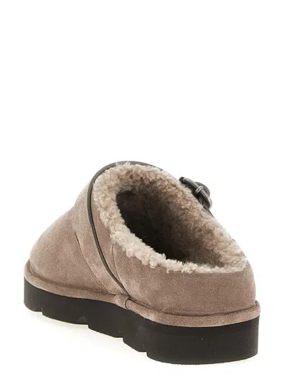 Brunello Cucinelli Round Toe Flat Sole Sandals With Faux Fur Lining And Buckle Detail In Brown